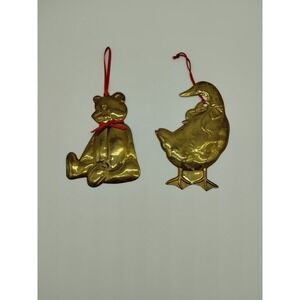 Vintage Department 56 Brass Teddy Bear & Goose Christmas Ornaments Hong Kong